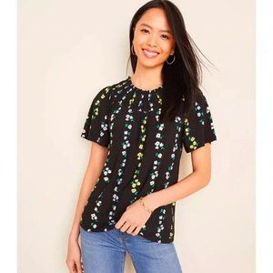 NWT Ann Taylor Floral Matte Jersey Smocked Neck Top Black